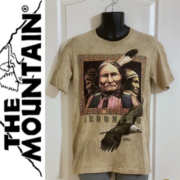 The Mountain tan hand dyed t-shirt w/Indigenous leader, sz S, 2012 David Behrens - Picture 1 of 15